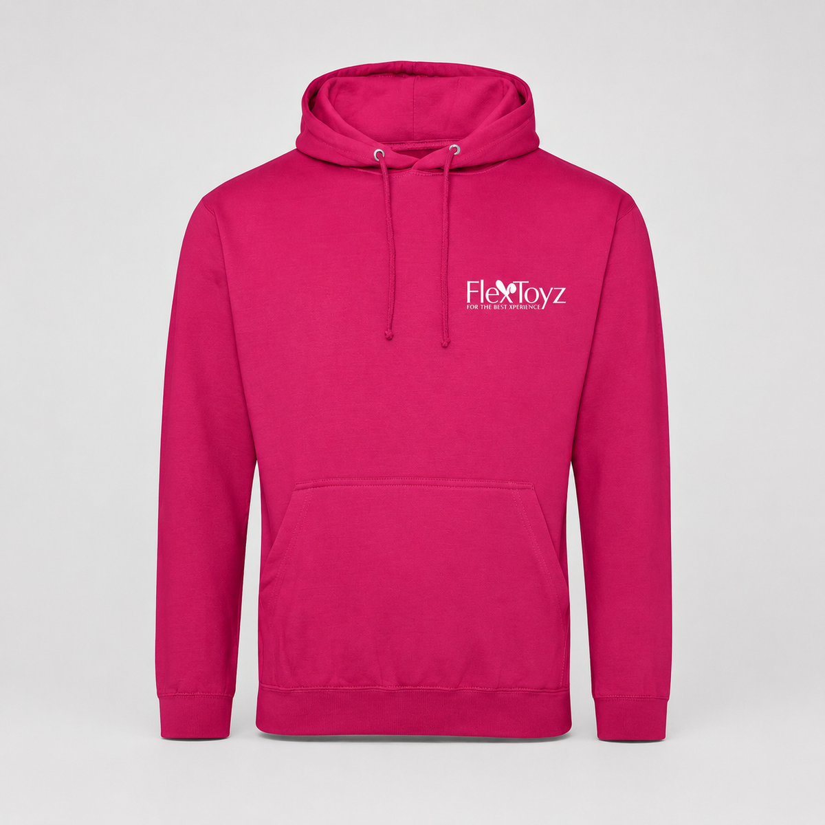 Framboosroze FlexToyz hoodie met witte borstprint op neutrale achtergrond
