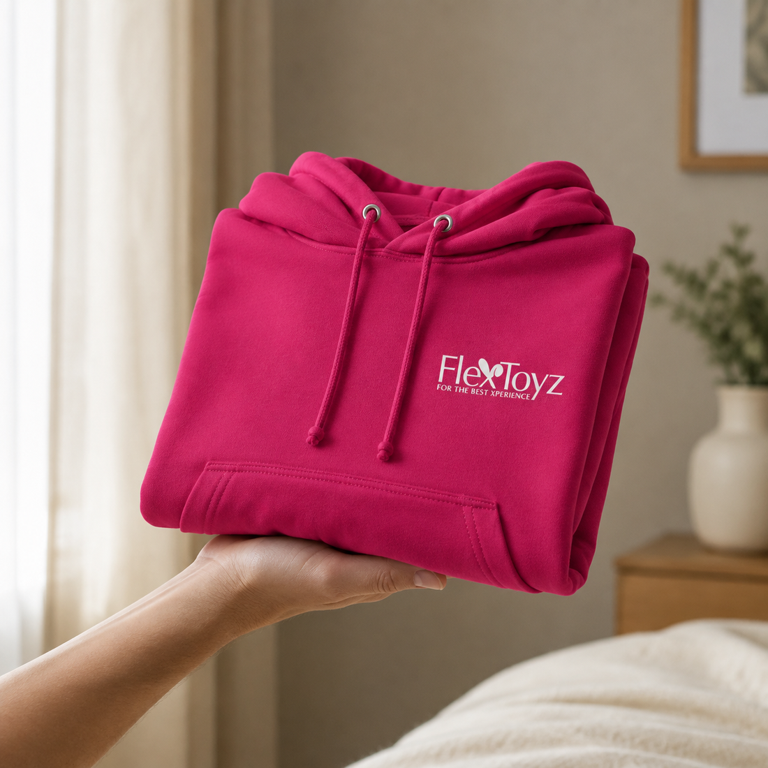 Hand houdt opgevouwen roze FlexToyz hoodie met zichtbaar logo en koorden
