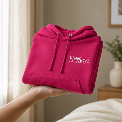 Hand houdt opgevouwen roze FlexToyz hoodie met zichtbaar logo en koorden
