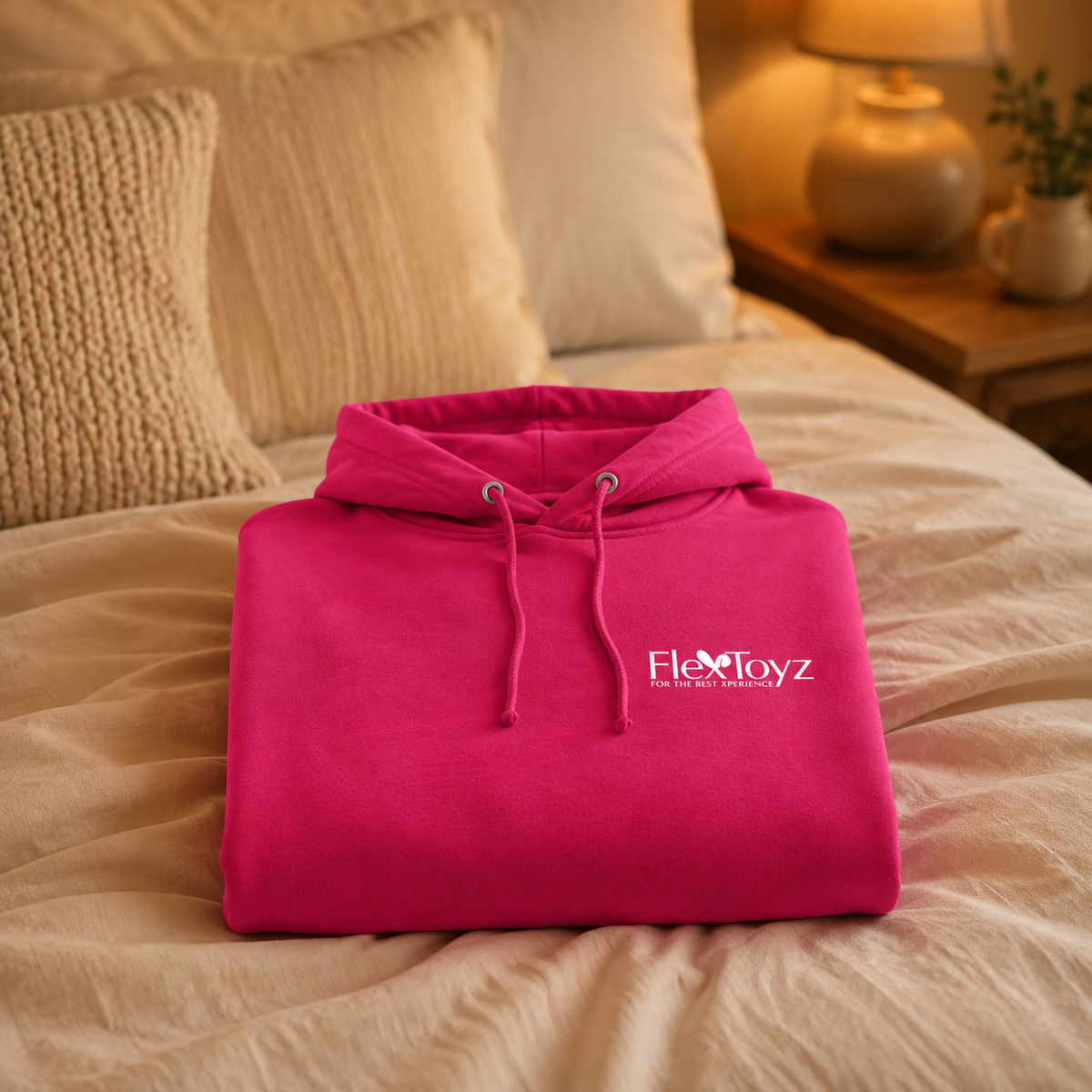 Opgevouwen roze FlexToyz hoodie op warm ivoorkleurig bedlinnen
