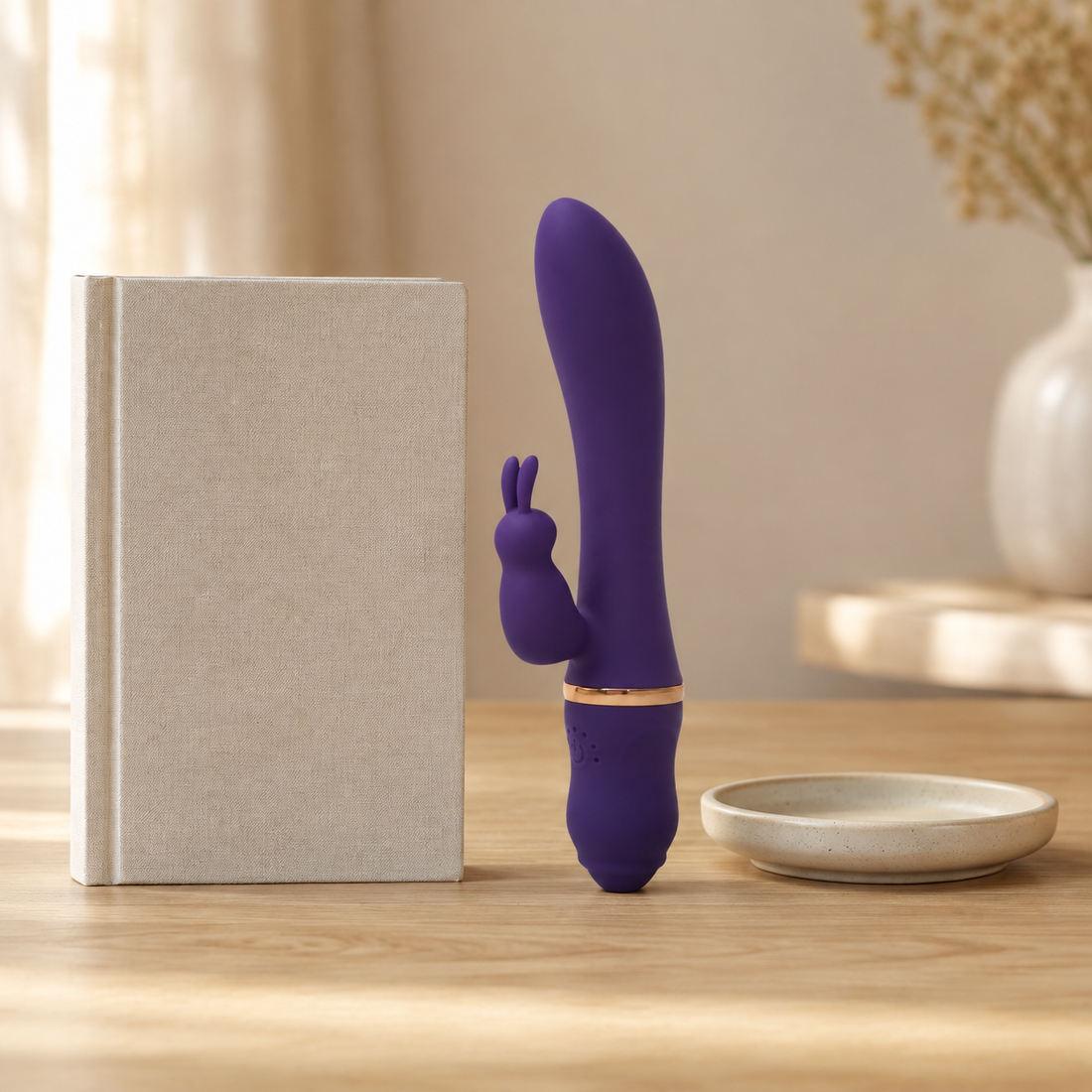 Paarse FlexToyz Rabbit Vibrator naast A5-notitieboek voor duidelijke schaalweergave