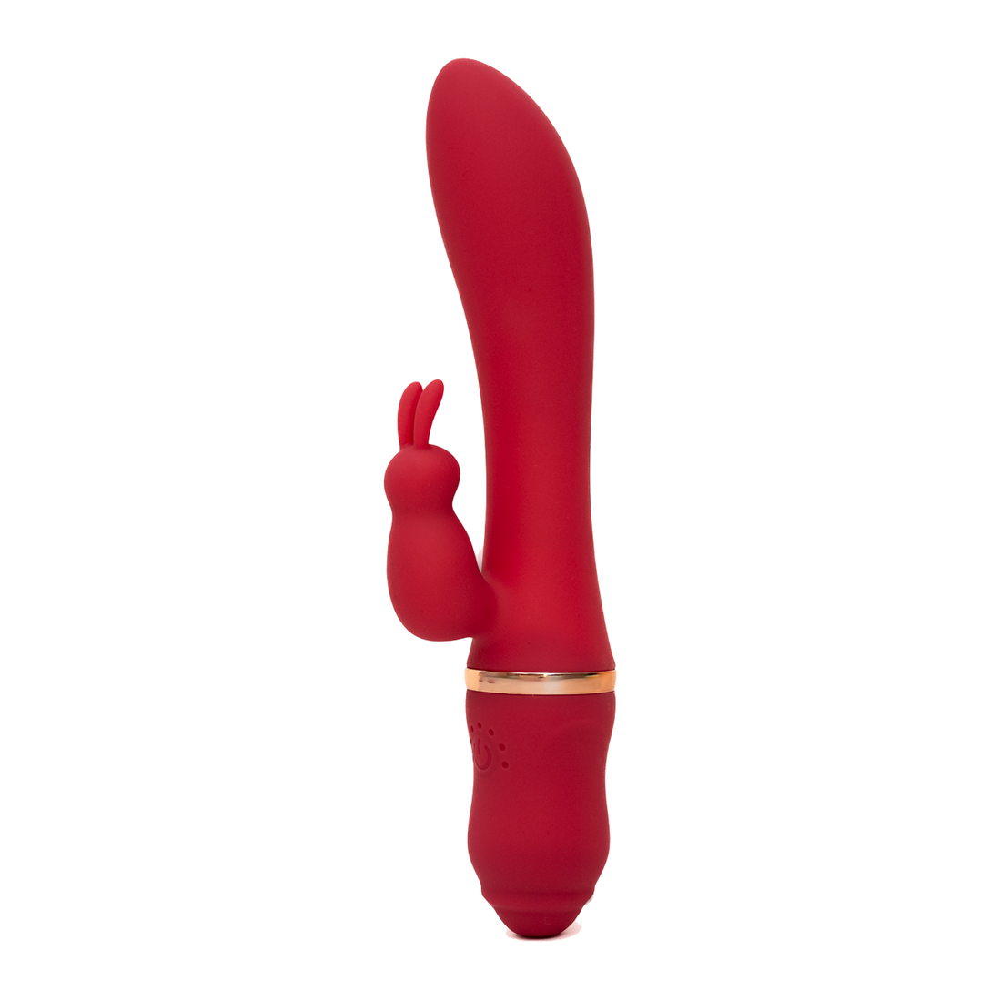 Rode FlexToyz Rabbit Vibrator met goudkleurige ring op witte achtergrond