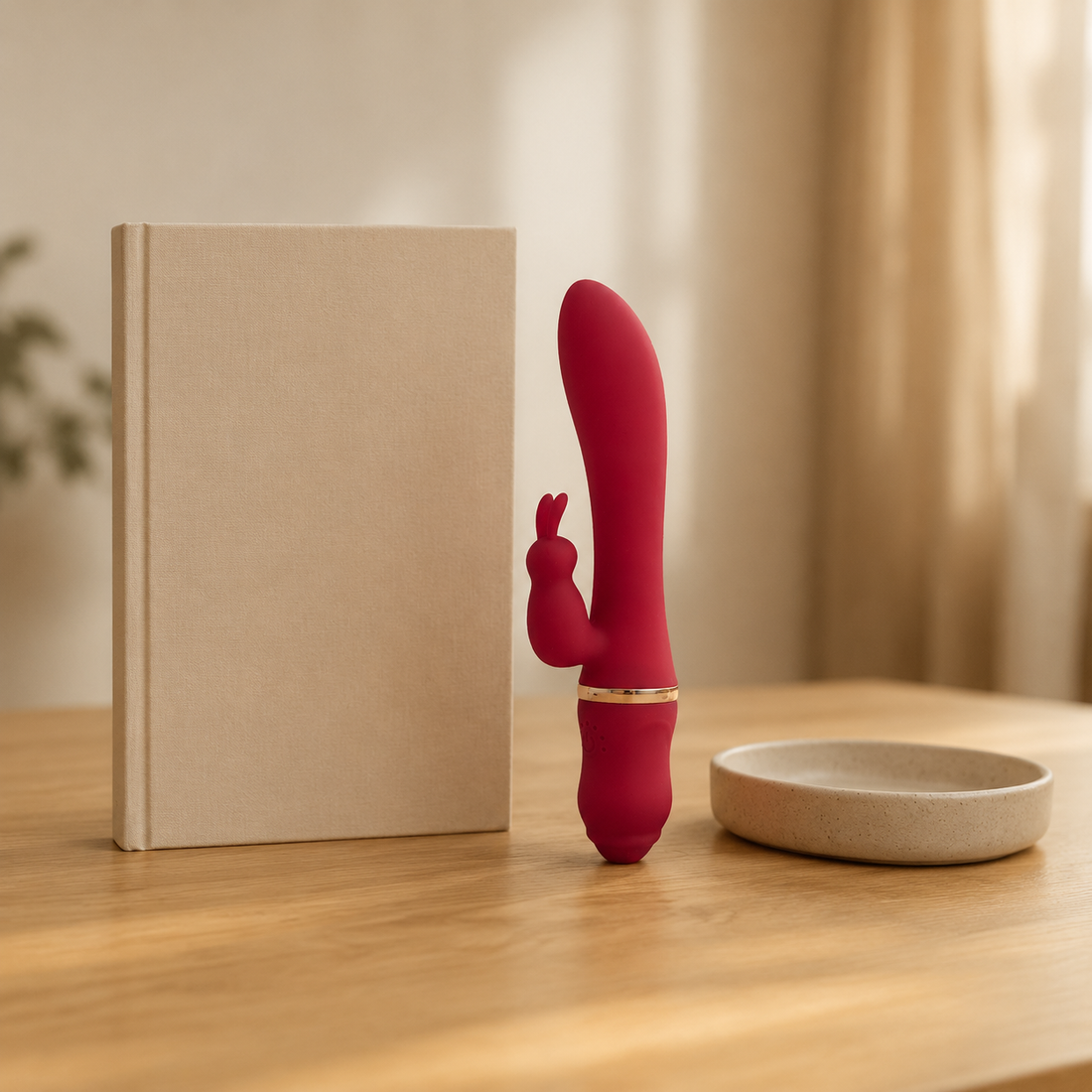 Rode FlexToyz Rabbit Vibrator naast A5-notitieboek voor duidelijke schaalweergave