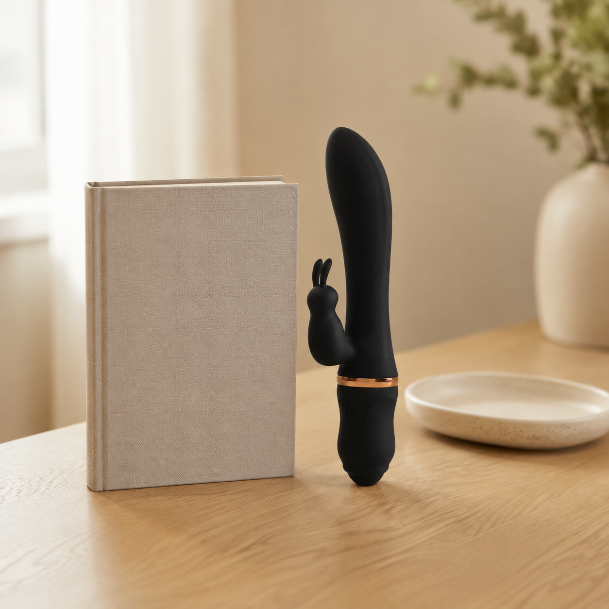 Zwarte FlexToyz Rabbit Vibrator naast A5-notitieboek voor duidelijke schaalweergave