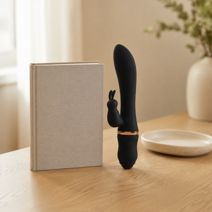Zwarte FlexToyz Rabbit Vibrator naast A5-notitieboek voor duidelijke schaalweergave