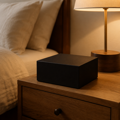 Gesloten zwarte FlexToyz productdoos op warm houten nachtkastje bij bed